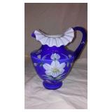 Fenton Art Glass 1999 Hand painted Cobalt Overlay Pitcher with Floral Design