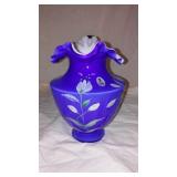 Fenton Art Glass 1999 Hand painted Cobalt Overlay Pitcher with Floral Design
