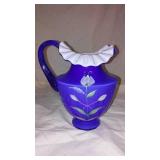 Fenton Art Glass 1999 Hand painted Cobalt Overlay Pitcher with Floral Design