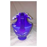 Fenton Art Glass 1999 Hand painted Cobalt Overlay Pitcher with Floral Design