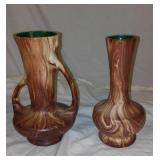 Pair of Vintage Rocky Mountain Pottery Romco Faux Wood Grain Handcrafted Ceramics Vases with Green Interiors