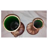 Pair of Vintage Rocky Mountain Pottery Romco Faux Wood Grain Handcrafted Ceramics Vases with Green Interiors