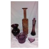 Collection of 5 Purple Glass Decor Items Including Vases and Dish