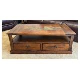 Rustic Style Wooden Coffee Table with Slate Tile Accents