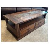 Rustic Style Wooden Coffee Table with Slate Tile Accents