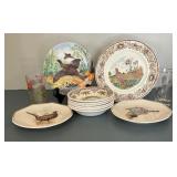 Assorted Pheasant and Grouse Motif Plates, Bowls and Glasses