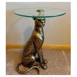 Spotted Sitting Leopard Side End Gold Accent Table with Glass Tabletop