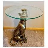 Spotted Sitting Leopard Side End Gold Accent Table with Glass Tabletop