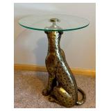 Spotted Sitting Leopard Side End Gold Accent Table with Glass Tabletop