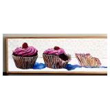 Fun Canvas Framed Wall Print "3 Cupcakes" in Pink with Raspberries / Cupcake Wall Art