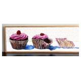 Fun Canvas Framed Wall Print "3 Cupcakes" in Pink with Raspberries / Cupcake Wall Art