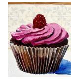 Fun Canvas Framed Wall Print "3 Cupcakes" in Pink with Raspberries / Cupcake Wall Art