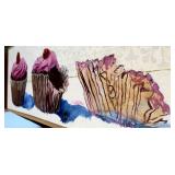 Fun Canvas Framed Wall Print "3 Cupcakes" in Pink with Raspberries / Cupcake Wall Art