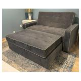 Linen Upholstered Sleeper Bed, Pull Out Sofa Bed Couch Attached Two Throw Pillows and Adjustable Backrest for Living Room Space，Charcoal Gray