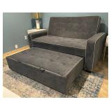 Linen Upholstered Sleeper Bed, Pull Out Sofa Bed Couch Attached Two Throw Pillows and Adjustable Backrest for Living Room Space，Charcoal Gray