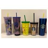 Five Starbucks Tumblers including Starbucks Halloween 2020 Black Cat Moon Stars Purple 24 Oz Venti Tumbler