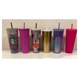 Six Starbucks Tumblers including Starbucks Glitter Hearts Cup - Valentines Day 2021