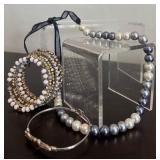 Blue and Faux Pearl Beaded Necklace, Stacked Bracelet (One Piece) and Love Arrow Bracelet