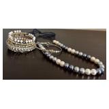 Blue and Faux Pearl Beaded Necklace, Stacked Bracelet (One Piece) and Love Arrow Bracelet