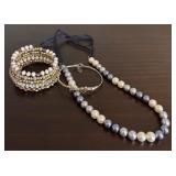 Blue and Faux Pearl Beaded Necklace, Stacked Bracelet (One Piece) and Love Arrow Bracelet