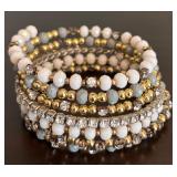 Blue and Faux Pearl Beaded Necklace, Stacked Bracelet (One Piece) and Love Arrow Bracelet