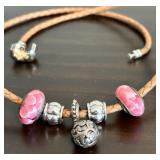 Pandora Brown Braided Leather Necklace with Five Pendants in Pink, White and Silver