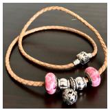 Pandora Brown Braided Leather Necklace with Five Pendants in Pink, White and Silver