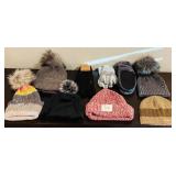 Assortment of Miscellaneous Hats and Gloves including Handmade and North Face Items
