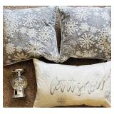 Group of 3 Christmas Themed Pillows and a Snow Globe Candle Holder