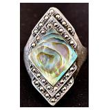 Vintage Sterling Silver Abalone and Marcasite Art Deco Style Ring