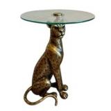 Spotted Sitting Leopard Side End Gold Accent Table with Glass Tabletop