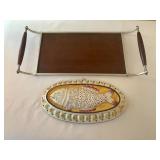 Ceramic Fish Platter & Wood Tray Set