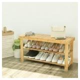 SONGMICS Bamboo Shoe Rack, Shoe Cabinet with Sofa, Shoe Bench with 3 Shelves