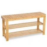 SONGMICS Bamboo Shoe Rack, Shoe Cabinet with Sofa, Shoe Bench with 3 Shelves
