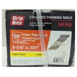 Grip Rite 3-1/4" x .131", 30 Degree Paper Tape Offset Round Head Nails, Bright, Smooth Shank, (4,000/Carton)