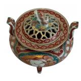 Asian Kutani Porcelain Incense Burner with Foo Dog Motif Lid
