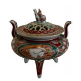 Asian Kutani Porcelain Incense Burner with Foo Dog Motif Lid