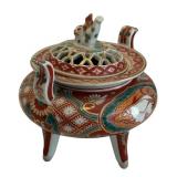 Asian Kutani Porcelain Incense Burner with Foo Dog Motif Lid