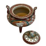 Asian Kutani Porcelain Incense Burner with Foo Dog Motif Lid