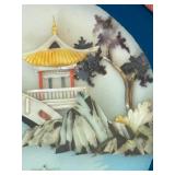 Shadow Box Style Asian Decorative Hanging / Asian Wall Hanging Pagoda Carved Sea Shell Round Blue Glass Frame