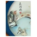 Shadow Box Style Asian Decorative Hanging / Asian Wall Hanging Pagoda Carved Sea Shell Round Blue Glass Frame