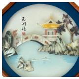 Shadow Box Style Asian Decorative Hanging / Asian Wall Hanging Pagoda Carved Sea Shell Round Blue Glass Frame