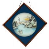 Shadow Box Style Asian Decorative Hanging / Asian Wall Hanging Pagoda Carved Sea Shell Round Blue Glass Frame