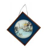 Shadow Box Style Asian Decorative Hanging / Asian Wall Hanging Pagoda Carved Sea Shell Round Blue Glass Frame