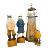 Nautical Themed Wood Carved Figurines and Lighthouse