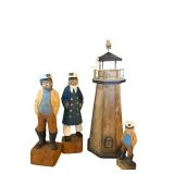 Nautical Themed Wood Carved Figurines and Lighthouse