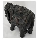 Stylized Composite Elephant and Wooden Display Stand