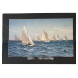 Artwork "The Race + Alex Johansen" White Frame and Sailboats on the Water