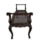 Vintage Dark Wooden Bench with Rattan Seat Including Removable Yellow and White Cushion