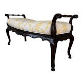 Vintage Dark Wooden Bench with Rattan Seat Including Removable Yellow and White Cushion